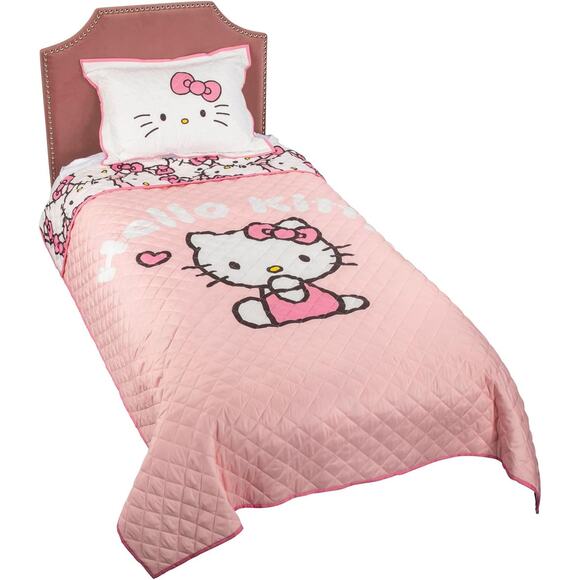 NEW Jay Franco Hello Kitty Pink Stripes & Hearts Twin Size Quilt & Sham Set - Picture 1 of 9